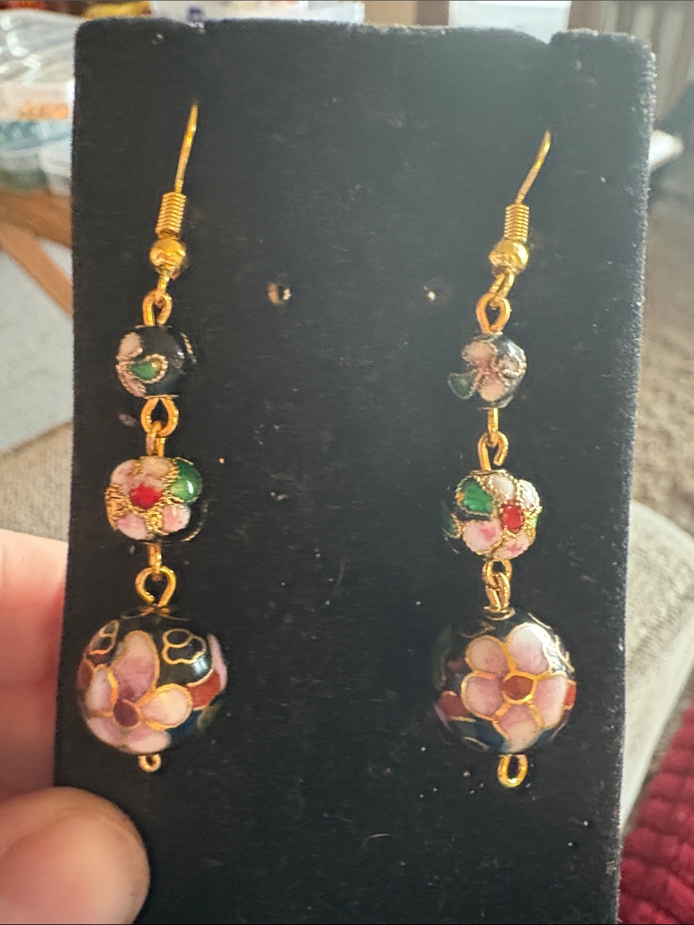Floral Cloisonné Drop Earrings - Pink & Black